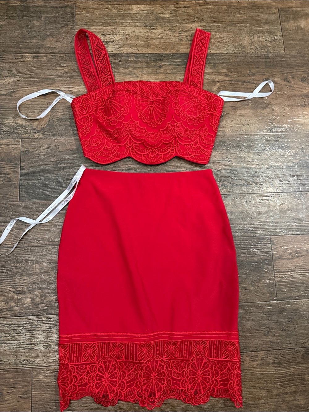 Rachel Allan Red Lace Trim Pencil Skirt Set